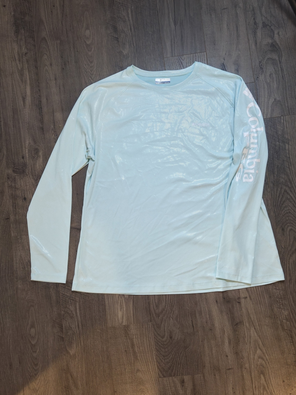 Columbia Light Aqua Long-Sleeve Sun Shirt with Sleeve Logo